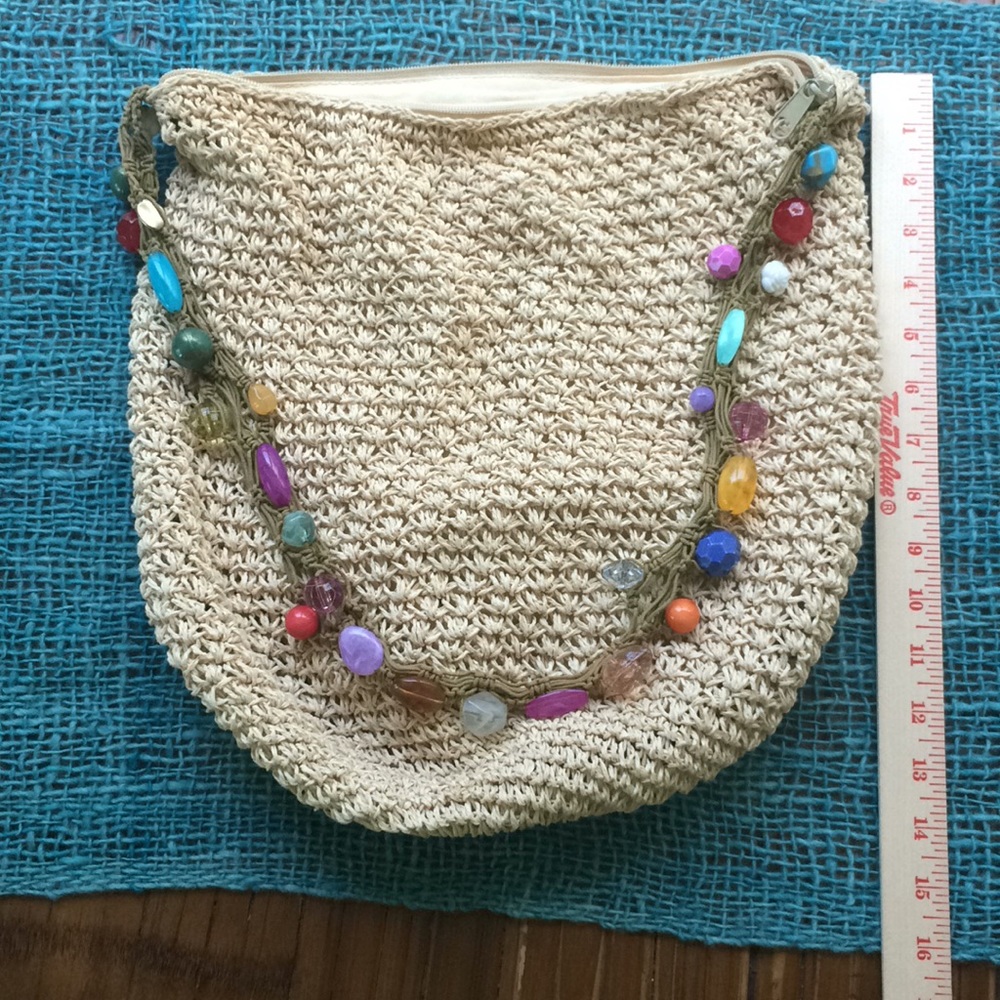 Blue Miami straw crochet purse beaded strap